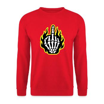 Skelett Mittelfinger Hand Flammen Gelb - Unisex Pullover - Rot - Vorne - Alina (178cm) & Michal (187cm)