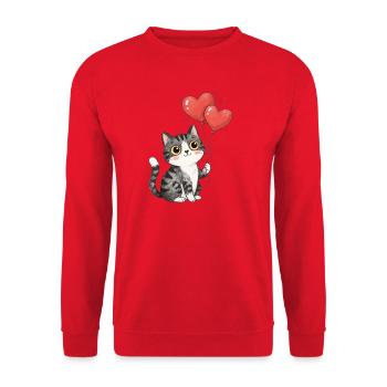 Süße Katze Herz Luftballon Katzenliebe T-Shirt - Unisex Pullover - Rot - Vorne - Alina (178cm) & Michal (187cm)