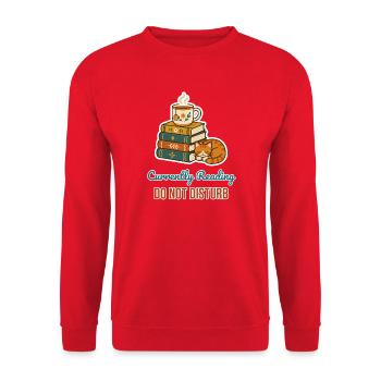 Currently Reading – Bücherwurm mit Katze - Unisex Pullover - Rot - Vorne - Alina (178cm) & Michal (187cm)