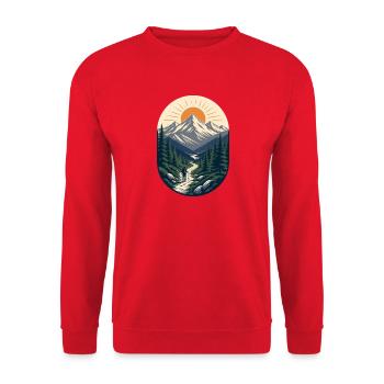 Morgendämmerung in den Bergen: Alleinwanderer - Unisex Pullover - Rot - Vorne - Alina (178cm) & Michal (187cm)