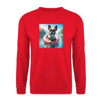 Playful French Bulldog on Water Ring - Unisex Sweatshirt - red - Front - Alina (178cm) & Michal (187cm)