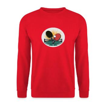 Tischtennis Schläger mit Netz im Sonnenaufgang - Unisex Pullover - Rot - Vorne - Alina (178cm) & Michal (187cm)