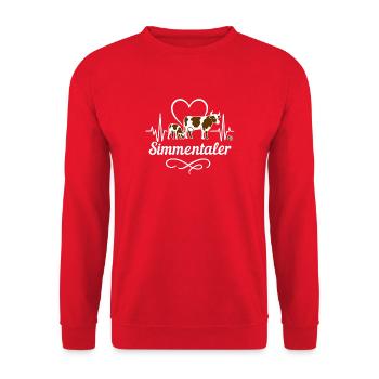 Simmentaler Kuh Herzlinie Geschenk Landwirt - Unisex Pullover - Rot - Vorne - Alina (178cm) & Michal (187cm)