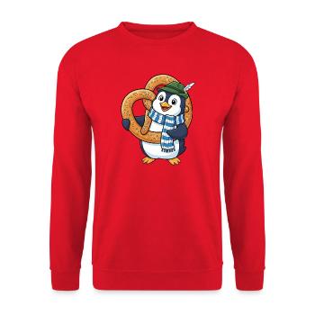 Süßer Pinguin mit Brezel Bayern Cartoon - Unisex Pullover - Rot - Vorne - Alina (178cm) & Michal (187cm)