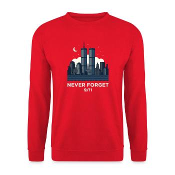 Never Forget 9/11 Skyline Nacht - Unisex Pullover - Rot - Vorne - Alina (178cm) & Michal (187cm)
