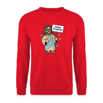 Jesus regelt Humor Spruch - Unisex Pullover - Rot - Vorne - Alina (178cm) & Michal (187cm)