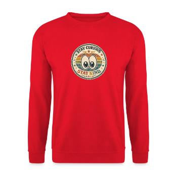 Bleib neugierig, bleib freundlich  Retro-Abzeichen - Unisex Pullover - Rot - Vorne - Alina (178cm) & Michal (187cm)