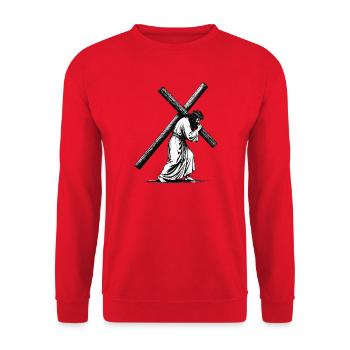 Kreuzweg Silhouette in Schwarzweiß - Unisex Pullover - Rot - Vorne - Alina (178cm) & Michal (187cm)