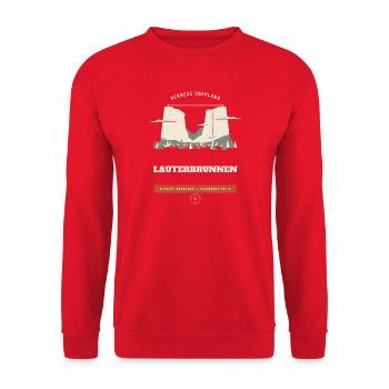 Lauterbrunnen-Tal Retro-Reiseemblem - Unisex Pullover - Rot - Vorne - Alina (178cm) & Michal (187cm)
