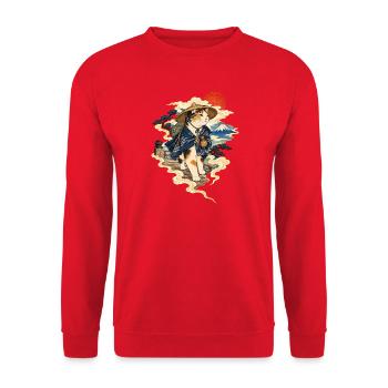 Wanderkatze Fuji Japan Ukiyoe Reise Abenteuer - Unisex Pullover - Rot - Vorne - Alina (178cm) & Michal (187cm)