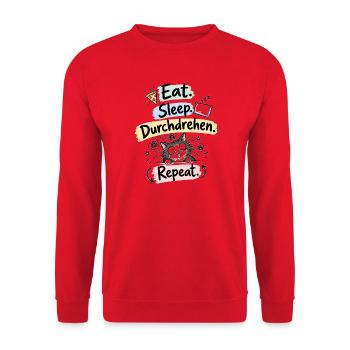 Eat Sleep Durchdrehen Repeat – Katze - Unisex Pullover - Rot - Vorne - Alina (178cm) & Michal (187cm)