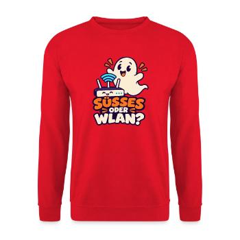 Halloween-Geist – Süßes oder WLAN? - Unisex Pullover - Rot - Vorne - Alina (178cm) & Michal (187cm)