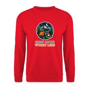 Camp More Worry Less – Retro Camping Abzeichen - Unisex Pullover - Rot - Vorne - Alina (178cm) & Michal (187cm)