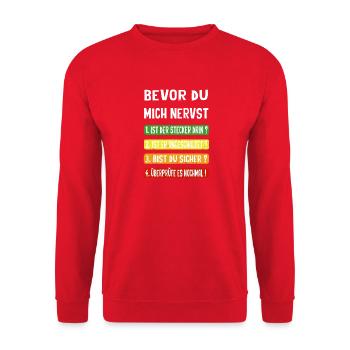 Bevor du mich nervst - Unisex Pullover - Rot - Vorne - Alina (178cm) & Michal (187cm)