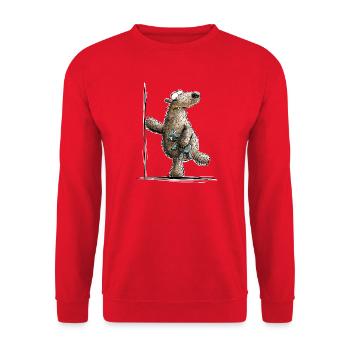 Funny brown bear with cuddly toy - Unisex Sweatshirt - red - Front - Alina (178cm) & Michal (187cm)