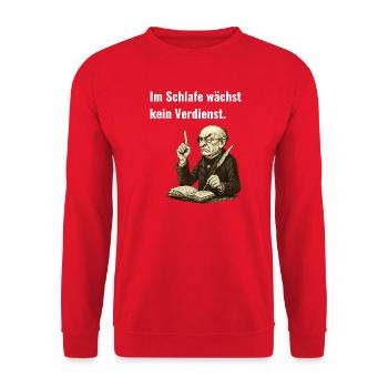 Im Schlafe wächst kein Verdienst –Vintage Weisheit - Unisex Pullover - Rot - Vorne - Alina (178cm) & Michal (187cm)