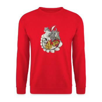 Schwarzweiß Blattmuster Gelbakzent - Unisex Pullover - Rot - Vorne - Alina (178cm) & Michal (187cm)