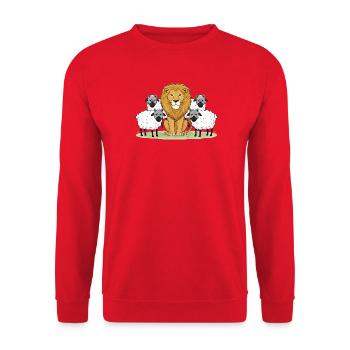 Löwe in der Mitte und wollige Gefährten - Unisex Pullover - Rot - Vorne - Alina (178cm) & Michal (187cm)