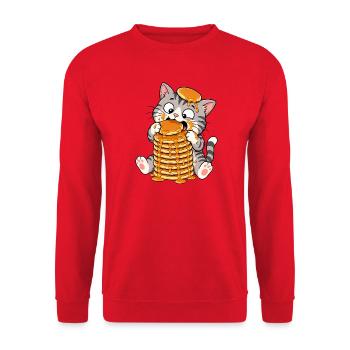 Katze Pancakes Sirup Lustiger Cartoon - Unisex Pullover - Rot - Vorne - Alina (178cm) & Michal (187cm)