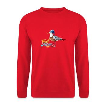 Illustration einer lustigen Watt Meer Möwe - Unisex Pullover - Rot - Vorne - Alina (178cm) & Michal (187cm)