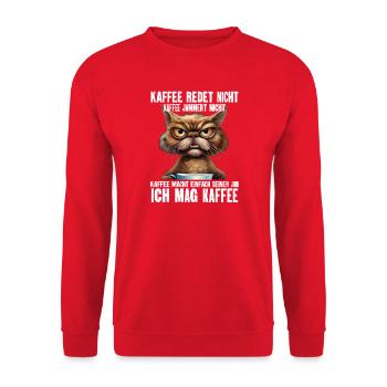 Katze Kaffee Lustige Sprüche - Unisex Pullover - Rot - Vorne - Alina (178cm) & Michal (187cm)