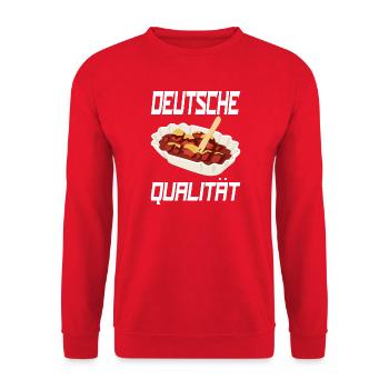 Deutsche Qualität lustiges Currywurst-Design. - Unisex Pullover - Rot - Vorne - Alina (178cm) & Michal (187cm)