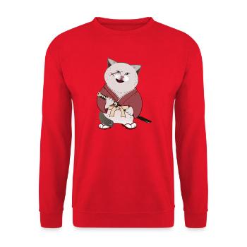 Cute Chubby Samurai Cat holding Katana - Unisex Sweatshirt - red - Front - Alina (178cm) & Michal (187cm)