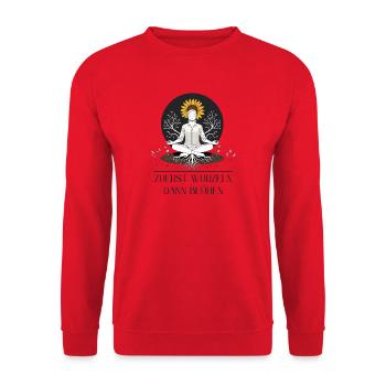 Seidenblumen Meditation mit Sonnenblume - Unisex Pullover - Rot - Vorne - Alina (178cm) & Michal (187cm)