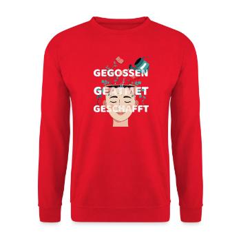Gegossen, geatmet, geschafft - Motivationsspruch  - Unisex Pullover - Rot - Vorne - Alina (178cm) & Michal (187cm)