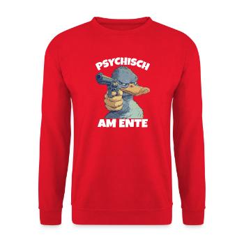 Psychisch Am Ente Humorvoller Entenwitz - Unisex Pullover - Rot - Vorne - Alina (178cm) & Michal (187cm)