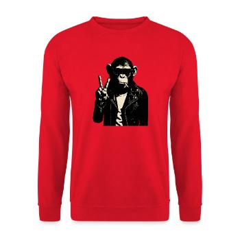 Schimpanse-Rebellen-Friedenszeichen-Leder - Unisex Pullover - Rot - Vorne - Alina (178cm) & Michal (187cm)