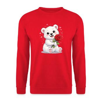 Ours mignon avec une rose – Motif de la Saint-Valentin - Sweat-shirt Unisexe - rouge - Devant - Alina (178cm) & Michal (187cm)