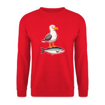 Möwe auf Forelle Cartoon - Unisex Pullover - Rot - Vorne - Alina (178cm) & Michal (187cm)