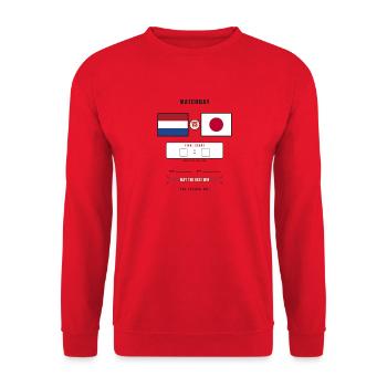 Netherlands vs Japan Football Score Card - Sweat-shirt Unisexe - rouge - Devant - Alina (178cm) & Michal (187cm)