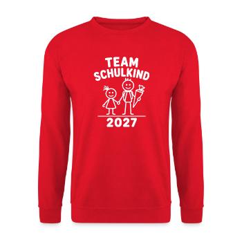 Team Schulkind 2027 – Geschwister Einschulung - Unisex Pullover - Rot - Vorne - Alina (178cm) & Michal (187cm)