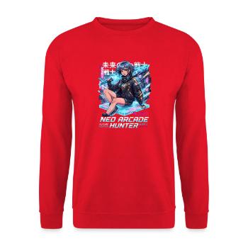 Neo Arcade Jägerin: Zukunftskämpfer - Unisex Pullover - Rot - Vorne - Alina (178cm) & Michal (187cm)