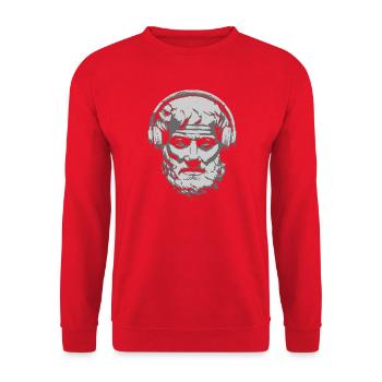 Der antike Philosoph Aristoteles mit Kopfhörern - Unisex Pullover - Rot - Vorne - Alina (178cm) & Michal (187cm)