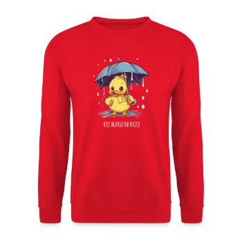  Lustige Ente im Regen – Nice Weather - Unisex Pullover - Rot - Vorne - Alina (178cm) & Michal (187cm)