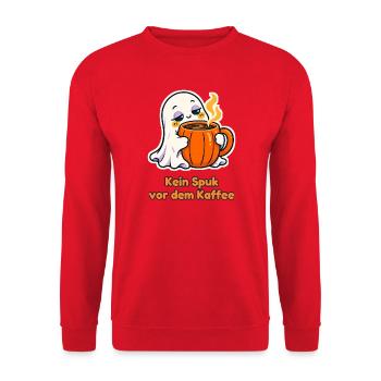 Kein Spuk vor dem Kaffee – Geist mit Tasse - Unisex Pullover - Rot - Vorne - Alina (178cm) & Michal (187cm)
