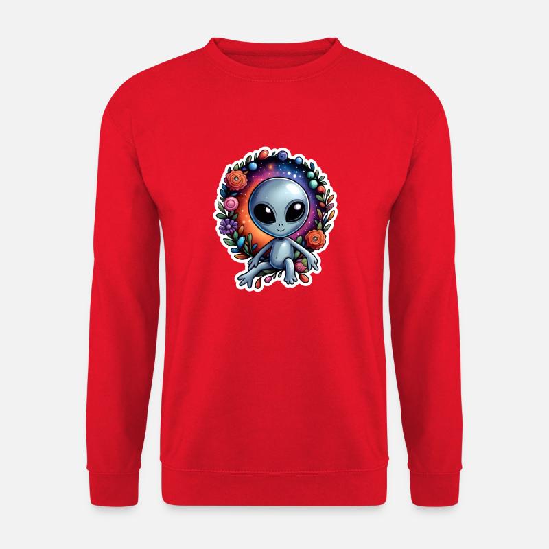 Lustiger Sticker mit freundlichem Alien und Blumen - Unisex Pullover - Rot