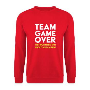 Bräutigam Support JGA Team Game Over - Unisex Pullover - Rot - Vorne - Alina (178cm) & Michal (187cm)