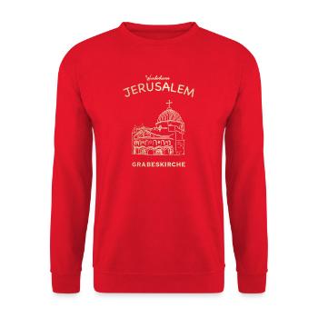 Wunderbares Jerusalem, Kirche vom Heiligen Grab - Unisex Pullover - Rot - Vorne - Alina (178cm) & Michal (187cm)