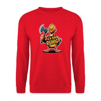 Böse Ente mit Axt – Lustiger Spruch Ich bin ruhig - Unisex Pullover - Rot - Vorne - Alina (178cm) & Michal (187cm)