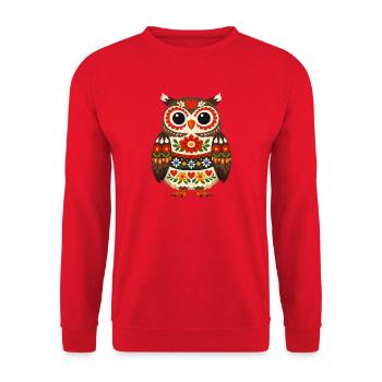 Bunte Eule im Volksstil - Unisex Pullover - Rot - Vorne - Alina (178cm) & Michal (187cm)