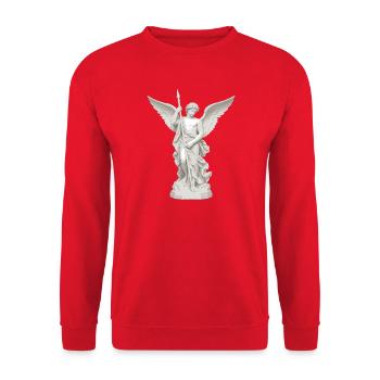 Geflügelter Engel mit Speer-Illustration - Unisex Pullover - Rot - Vorne - Alina (178cm) & Michal (187cm)