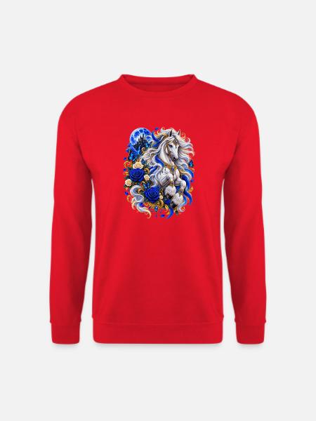Weißes Fantasy Pferd mit blauen Rosen - Unisex Pullover - Rot