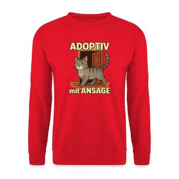 Katze adoptiert: Geschenk zum Einzug daheim - Unisex Pullover - Rot - Vorne - Alina (178cm) & Michal (187cm)