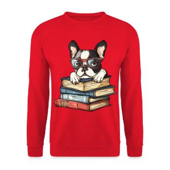 Cute Boston Terrier Dog Reading Book with Glasses - Unisex Sweatshirt - red - Front - Alina (178cm) & Michal (187cm)