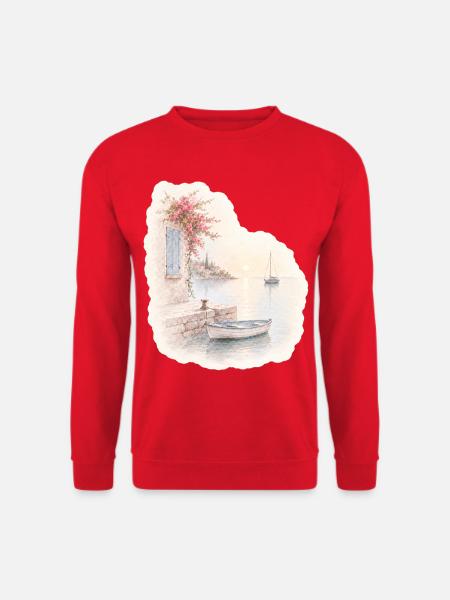Hafenruhe – Kleines Boot im Morgenlicht - Unisex Pullover - Rot