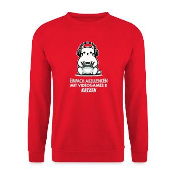 Gaming Katze Spruch für Gamer und Katzenliebhaber - Unisex Pullover - Rot - Vorne - Alina (178cm) & Michal (187cm)